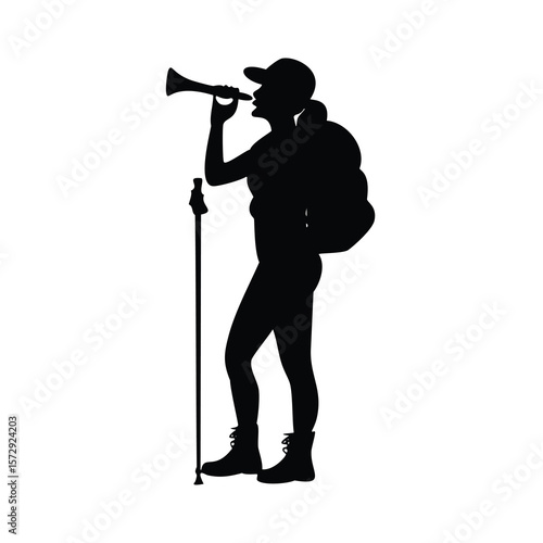 Silhouette of a hiker blowing a horn with a backpack and hiking pole blowing horn