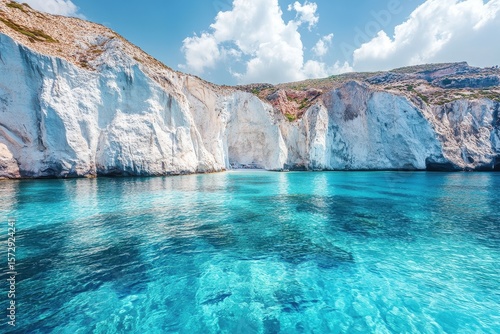 Explore the stunning azure waters and white cliffs of Milos Island in the Cyclades, Milos island Cyclades travel sea landscape