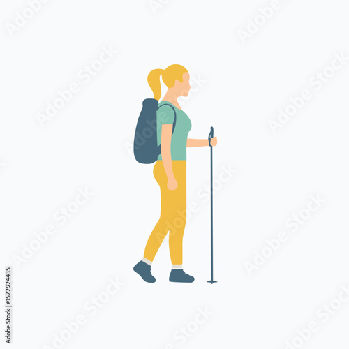 Woman with backpack and walking stick hiking outdoor