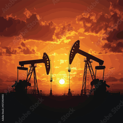 ndustrial oil pump jack silhouettes against a sunset sky, symbolizing energy exploration and fuel production in the petroleum industry, vector style simple color