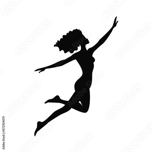 Black silhouette of a woman leaping with arms outstretched and curly hair jumping