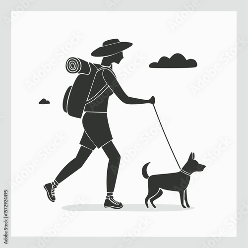 Hiker with dog on leash walking outdoors vector