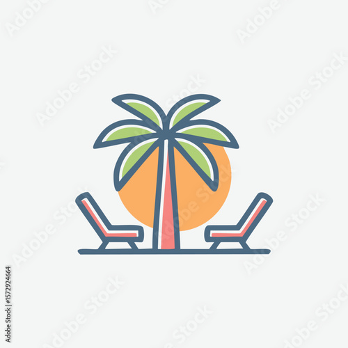 Palm tree with lounge chairs and sun vacation beach
