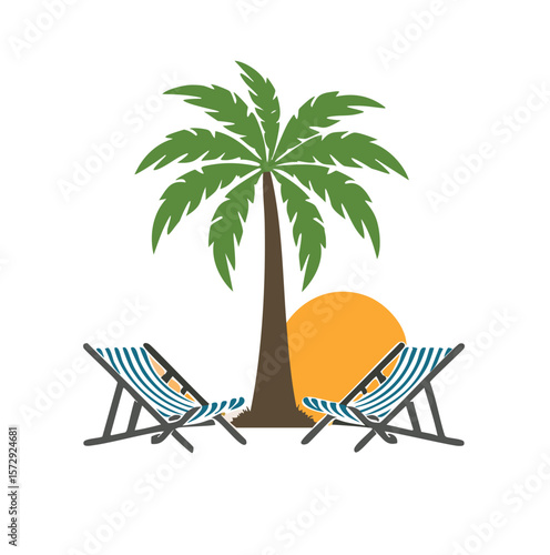 Palm tree with striped chairs and sun beach chairs tropical