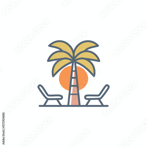 Palm tree with lounge chairs and sun beach vacation
