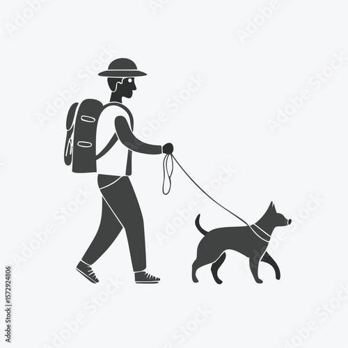 Person with backpack walking a dog on a leash vector