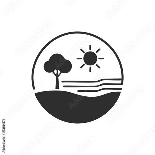 Stylized landscape with tree sun and water nature