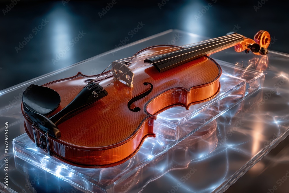 Fototapeta premium Beautiful wooden violin displayed on illuminated stand with reflections