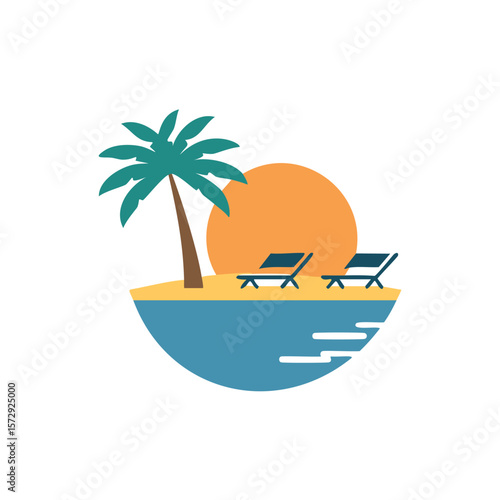 Tropical beach scene with palm tree lounge chairs and sun ocean