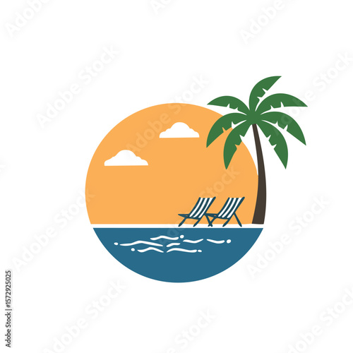 Tropical beach scene with palm trees and lounge chairs ocean