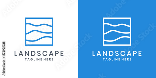 Minimalist landscape logo with square blue wavy lines