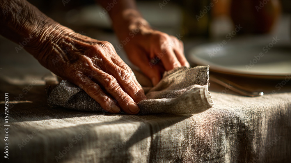 Fototapeta premium Elderly hands setting linen napkin, soft dappled light and open top