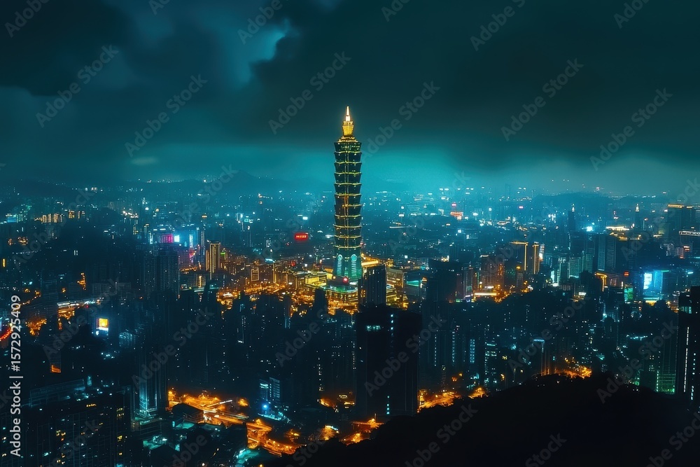 custom made wallpaper toronto digitalCityscape of Taipei at night featuring an illuminated tower amidst bright urban lights and dramatic clouds, night illuminated taipei cityscape famous tower aerial panorama timelapse taiwan