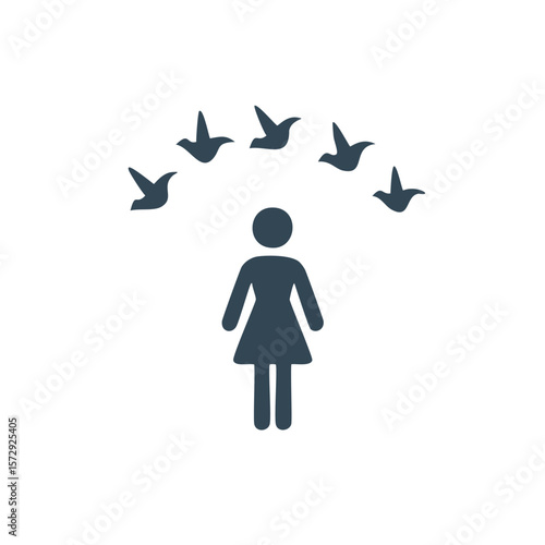 Woman figure with birds flying in a circle above silhouette person