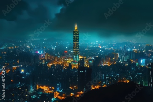Wallpaper Mural Cityscape of Taipei at night featuring an illuminated tower amidst bright urban lights and dramatic clouds, night illuminated taipei cityscape famous tower aerial panorama timelapse taiwan Torontodigital.ca