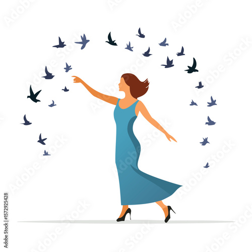 Woman in blue dress reaching towards flock of birds black heels