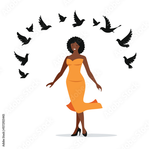 Woman in orange dress with birds flying around her black birds freedom
