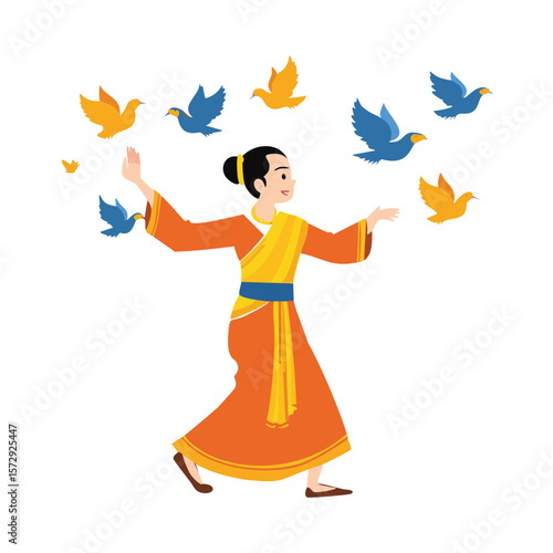 Woman in orange dress with blue and yellow birds flying around her yellow sash blue birds