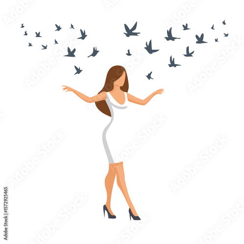 Woman in white dress with flock of birds flying around flying birds dark blue birds