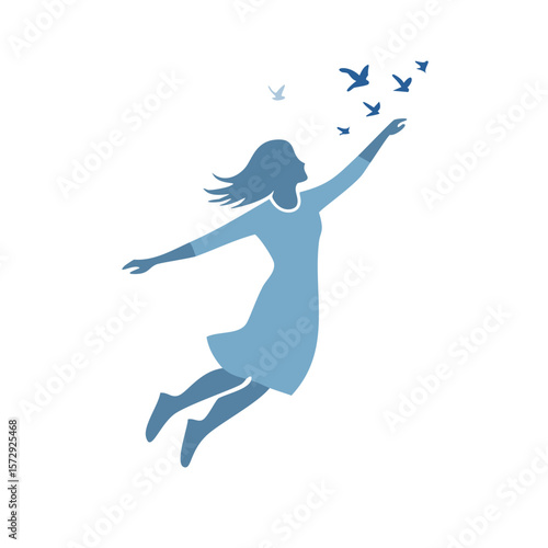 Woman reaching for flying birds silhouette freedom