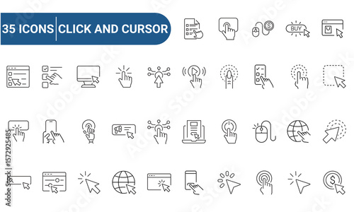 Click and Cursor Web Icons Set in Line or outline Style related to Click and Cursor. Includes finger gesture, click, cursor, tap. Linear icons collection. Editable strokes. Vector illustration