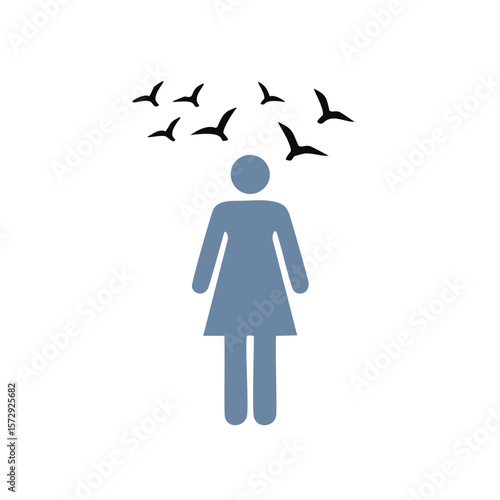 Blue person with black birds flying above silhouette