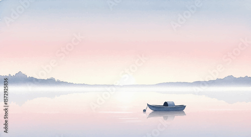 Solitary Boat on a Misty Lake – Serene Watercolor Scene of Morning Reflection and Calm Emotions