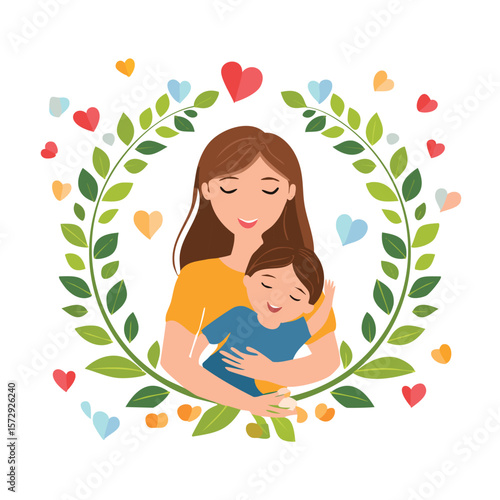 Mother hugging child surrounded by leaves and hearts love family