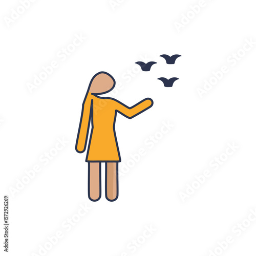 Person in orange dress with birds flying woman