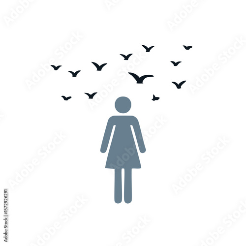 Person with flock of birds flying above silhouette woman