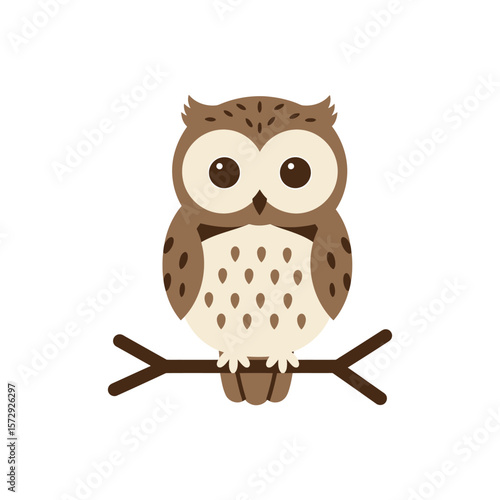 A delightful cartoon owl sits calmly on a tree branch, its soft brown feathers contrasting beautifully against the natural wood
