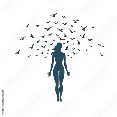 Silhouette of woman with flock of birds flying around her person female