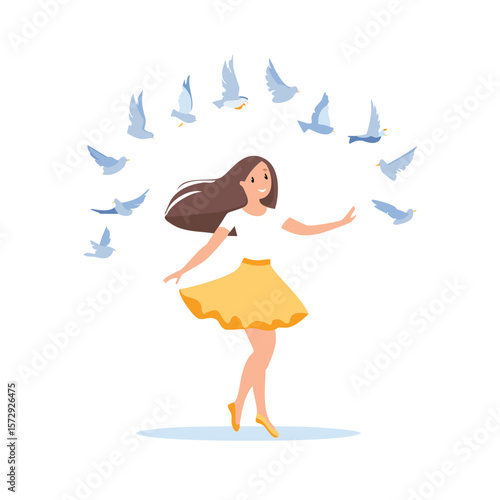 Smiling woman with flowing hair and yellow skirt surrounded by flying doves happy