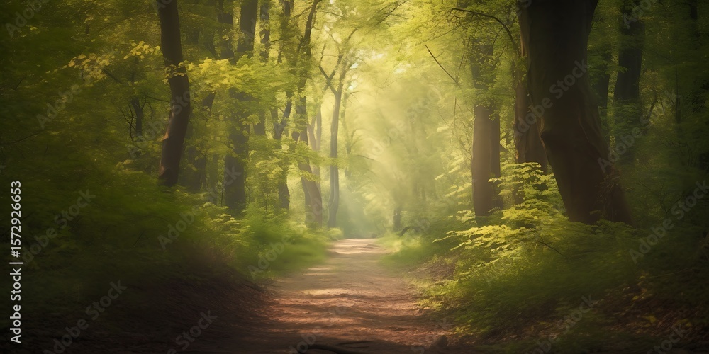 Obraz premium Sunlit Path Through Enchanting Forest A Serene Nature Escape