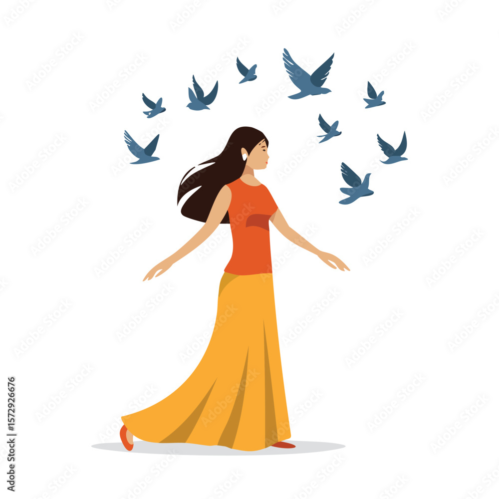 Fototapeta premium Woman with flying birds blue orange