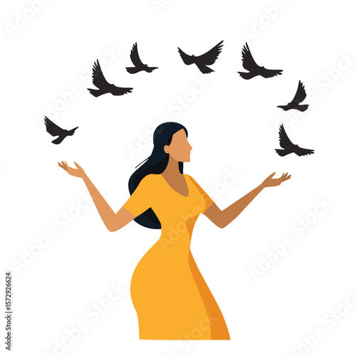 Woman with dark hair in orange dress surrounded by flying birds silhouette
