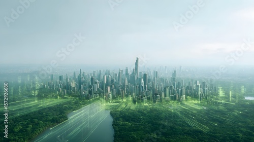 Aerial view of green cityscape with sustainability data overlays