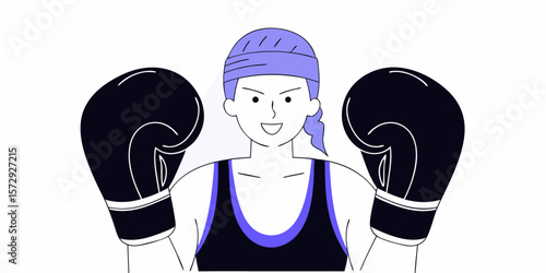 Confident female boxer ready to fight, wearing boxing gloves and headband, suitable for sports branding and related designs.