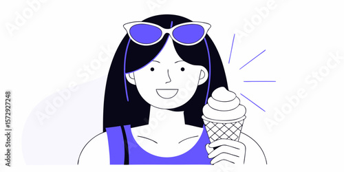 Stylish girl in sunglasses holding ice cream, a summery graphic perfect for social media or designs with a fun, vibrant, youthful appeal.
