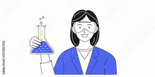 Scientist holds beaker with liquid, a graphic element perfect for designs related to scientific research, chemistry, education, or lab work.