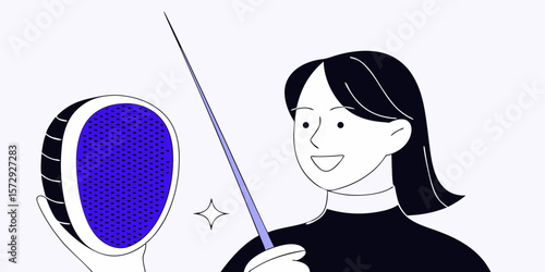 Graceful fencer in minimalist design, ready for the bout, showcasing a modern fencing sport graphic with refined lines and competitive spirit.