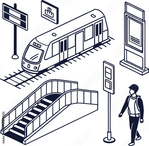 A clean graphic showing a train station scene with a passenger and transportation elements.