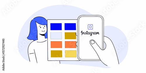 Creating visual content is depicted with a woman and hand holding a smartphone, alongside a color palette ideal for brand promotion.