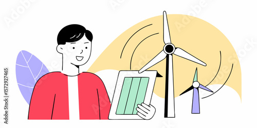 A design showing a man holding a solar panel with windmills in the background, representing green energy and sustainable technology.