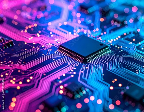 Wallpaper Mural Close-up of a glowing circuit board with a microchip, illuminated in vibrant blue and pink neon lights. Represents technology, data, and future innovation. Torontodigital.ca