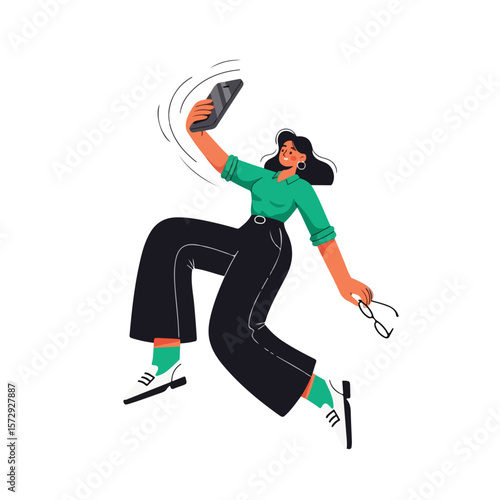 vector of an energetic woman taking a selfie with a smartphone