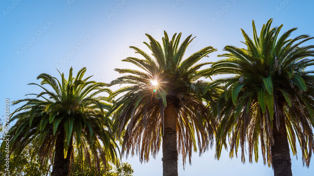 Low-angle view of Los Angeles palm trees with golden sunlight, evoking warm tropical vibes. Low-angle view of Los Angeles palm trees with golden sunlight, evoking warm tropical vibes.