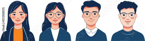 Illustration of four diverse young adults with glasses smiling