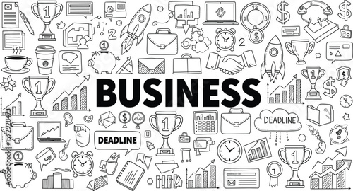 Hand-Drawn Business Doodle Set: Essential Icons for Corporate Growth, Financial Success, Startup Concepts, and Modern Office Workflow, Ideal for Entrepreneurs and Management