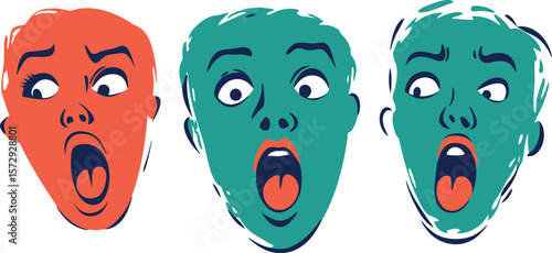 Three stylized faces with open mouths expressing shock or fear